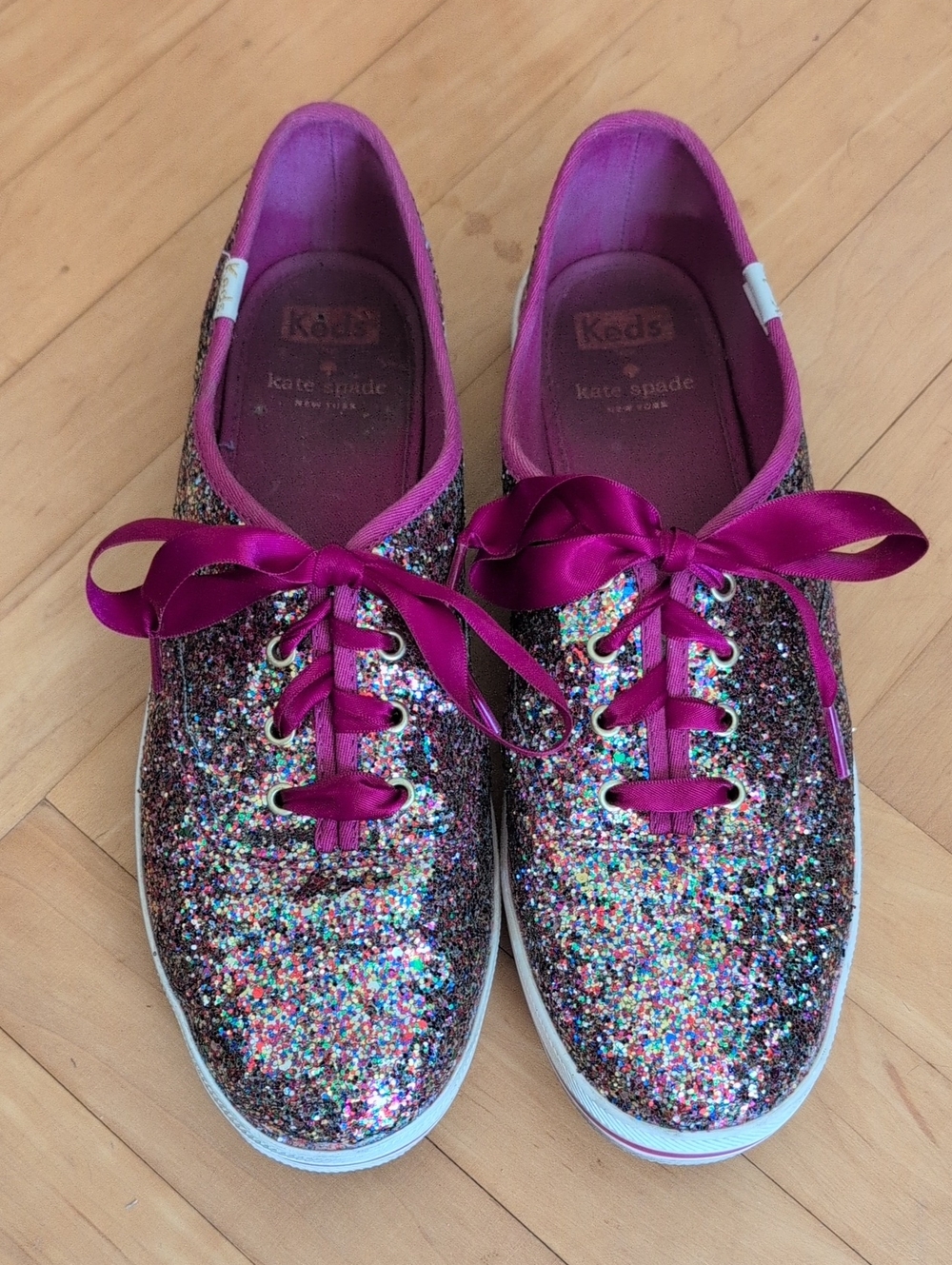 kate spade Multicolor Glitter Keds Sneakers with Fuchsia Satin Laces Size 9.5